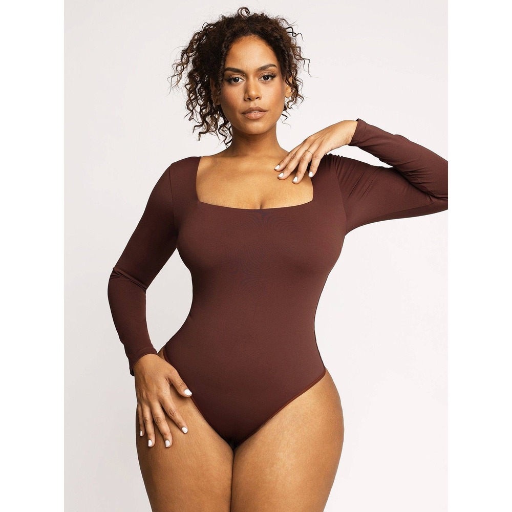 Popilush NWT Shapewear Bodysuit Square Neck Long Sleeve Thong Brown- XL